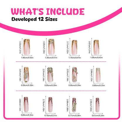 24pcs Y2k Long Coffin False Nails Leopard Print French Shiny Rhinestone Egde Fake Nail 3D Gold Bowknot Dollar Gun Press On Nails