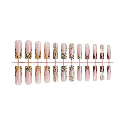 24pcs Y2k Long Coffin False Nails Leopard Print French Shiny Rhinestone Egde Fake Nail 3D Gold Bowknot Dollar Gun Press On Nails